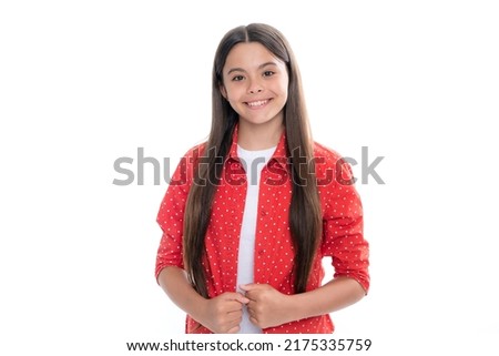 Portrait of happy smiling teenage child girl. Children studio portrait on white background. Childhood lifestyle concept. Cute teenage girl face close up. Royalty-Free Stock Photo #2175335759