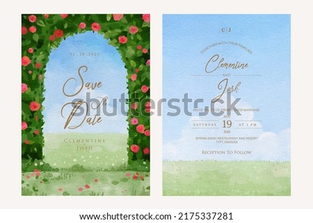 Watercolor archway red rose flower garden landscape wedding invitation set