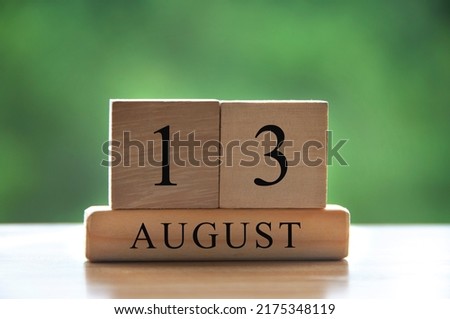 August 13 calendar date text on wooden blocks with blurred background park. Calendar concept
