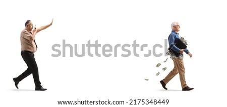 Full length profile shot of a security guard following a man with a suitcase full of money isolated on white background