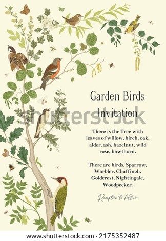 Garden Birds. Rustic. Invitation. Vector vintage illustration. 