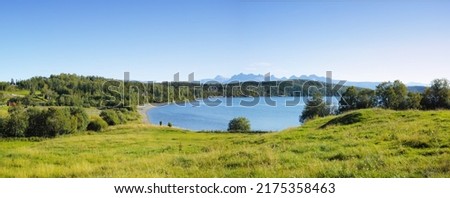 Landscape of a lake with trees near a field. Green hills by the seaside with a blue sky in Norway. A calm lagoon near a vibrant wilderness against a bright cloudy horizon. Peaceful wild nature scene