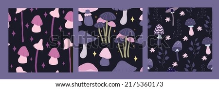 Set seamless pattern magic hallucinogenic mushrooms. Fantasy cute elements. Cute cartoon mushrooms on the grass. Modern design print for cloth, wallpaper, decor interior. Hippie style. Vector float.