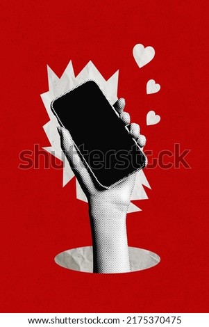 Creative composite image of black white grain color effect hand hold phone surfing in social media isolated on red background Royalty-Free Stock Photo #2175370475