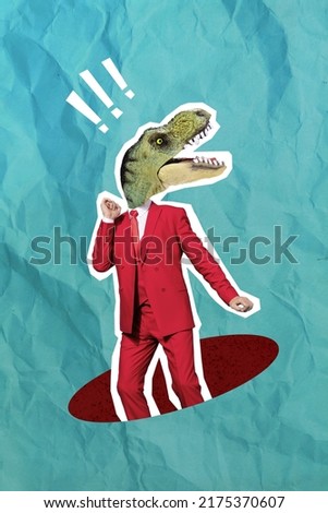Template collage poster of stylish business people with dino raptor face look teal background wall dancing energetic