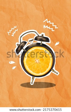 Vertical composite collage picture of classic clock bell ring orange slice inside isolated on drawing creative background
