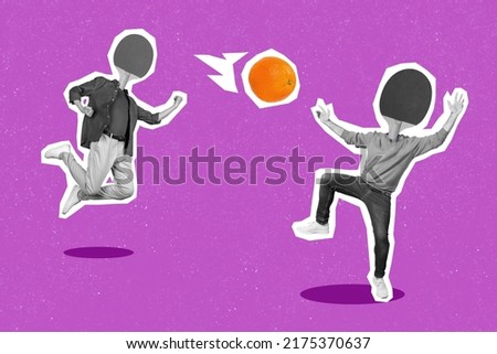 Creative collage image of two people black white gamma ping pong rackets instead head play tennis orange ball isolated on purple background