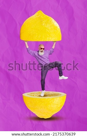 Creative abstract template graphics image of funny funky old guy standing holding yellow fruit half isolated pink drawing background