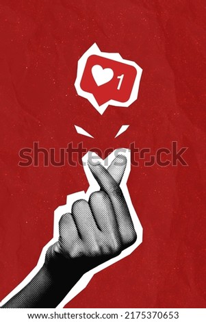 Creative collage picture of black white effect hand showing heart symbol give like notification isolated on red color background Royalty-Free Stock Photo #2175370653