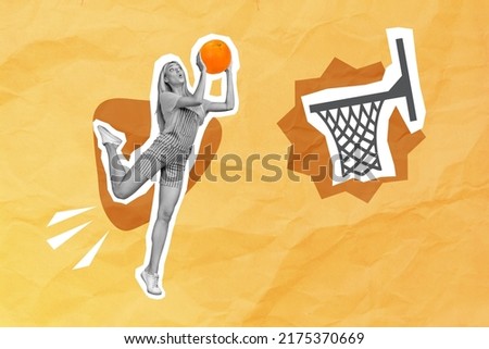 Creative collage composition with black white color effect woman playing basketball with orange isolated on paper pastel background