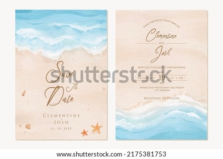 Set of wedding invitation with summer beach hand drawn watercolor background