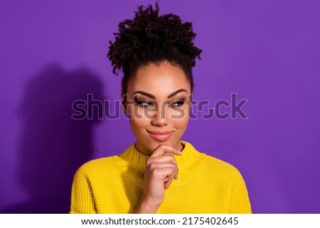 Photo of minded girl hand touch chin look interested empty space brainstorming isolated on violet color background
