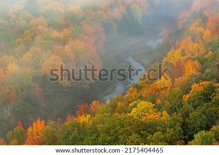 Foggy landscape of autumn forest, Lake of the Clouds, Porcupine Mountains Wilderness State Park, Michigan's Upper Peninsula, USA