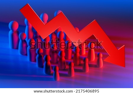 Red Arrow in front of little men. Graph symbolizes population decline. Metaphor for population decline in country or city. Neon people. Problems with population decline.  Royalty-Free Stock Photo #2175406895