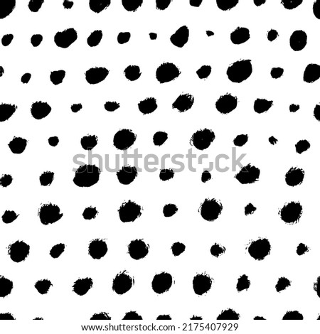 Black round specks in a row seamless pattern. Vector different spots, polka dot ornament. Abstract monochrome background with hand painted small ink blobs. Polka dot motif wallpaper.