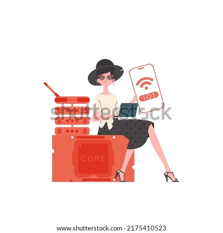 A woman holds a phone with the IoT logo in her hands. IoT concept. Vector.