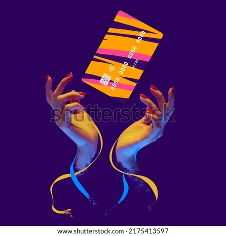 Contemporary art collage. Modern colorful design with credit card on female hand isolated on dark purple background. Concept of economy, banking, money, payment, shopping, finance. Copy space for ad