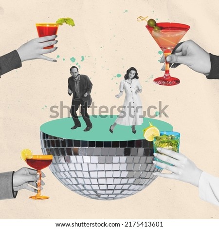 Contemporary art collage. Creative design with cheerful man and woman dancing on disco ball, drinking cocktails. Party time. Concept of creativity, fun, leisure time, retro fashion, enjoyment