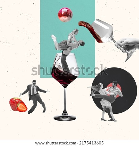 Contemporary art collage. Creative design. Stylish cheerful people having fun on party, dancing, drinking wine. Concept of creativity, fun, leisure time, retro fashion. Excited meeting