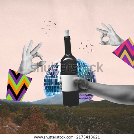 Contemporary art collage. Creative design with human hands and wine bottle. Time for birthday celebration, disco dancing . Concept of creativity, fun, leisure time, retro fashion, alcohol drinks