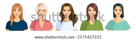 A set of portraits of random women with different hairstyles and hair colors. Young smiling women in different clothes. Illustrations in cartoon style isolated on white background. Vector.
