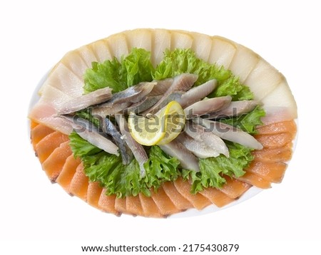 Sliced fish plate isolate top view.