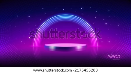 Empty Cylinder Podium with Round Neon Frame on Blurred Background with Stars. Vector clip art for your night party project design.