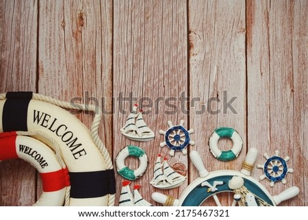 Marine Items nautical Decoration with space copy on wooden background