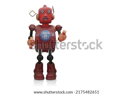 front view red and black robot toys standing on white background, object, fashion, gift, copy space