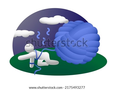 The white man is tangled in threads. A blue ball of thread. Symbols curved lines above the head. Clouds in t he sky. Vector illustration. Psychological condition apathy.