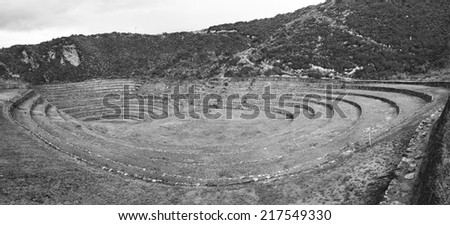 Ancient Inca circular terraces at Moray (agricultural experiment station), Peru (black and white)