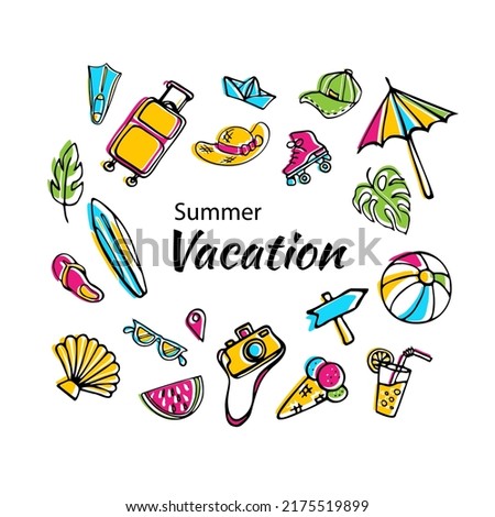Summer symbols doodle collection. Various sketches, vacation and tourism theme. Stylish hand drawn and roughly colored designs for social media, prints for bullet journal or memo etc