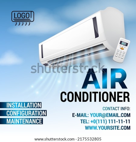 Air Conditioning Repair Flyer with Realistic detailed isometric air conditioning blowing cold air in the room Royalty-Free Stock Photo #2175532805