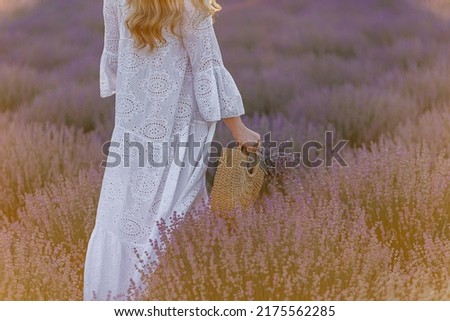 Woman in lavender flowers field at sunset in purple dress. France, Provence.