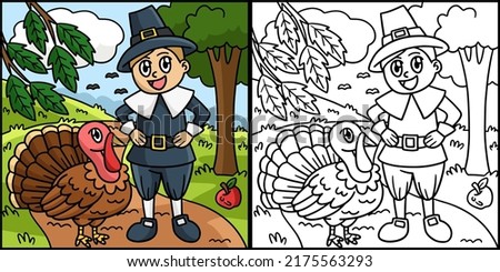 Thanksgiving Pilgrim Boy And Turkey Illustration