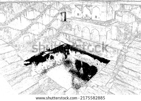 Panna Meena ka Kund Historic stepwell near Amber Fort, Jaipur, Rajasthan, India. Digital Sketch.