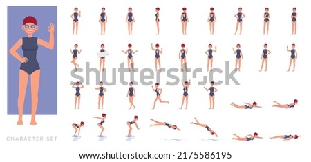 Big Set of Female swimmer character vector design. Presentation in various action with emotions, running, standing and walking. Royalty-Free Stock Photo #2175586195