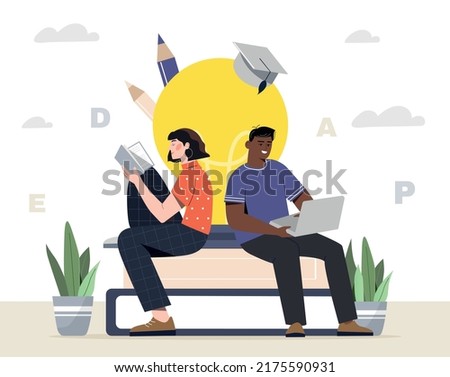 Examination preparing concept. Man and girl sitting with laptop and books, doing their homework. Students preparing for test. Education, learning and training. Cartoon flat vector illustration Royalty-Free Stock Photo #2175590931