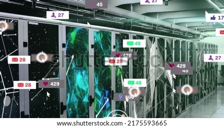 Image of social media icons and numbers on banners over computer servers. global networking, social media, technology and digital interface concept digitally generated image.