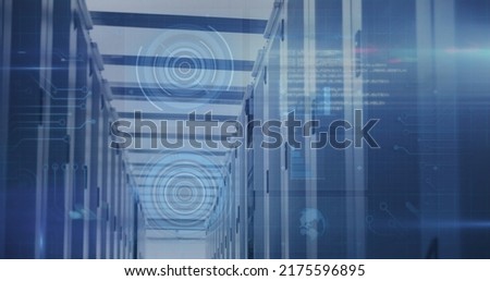 Image of scope scanning and data processing over tech room with computer servers. digital interface, global technology, connection and communication concept digitally generated image.