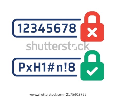 Unsecure password too easy to remember with low protection VS secure password code with strong security. Vector icon illustration. Royalty-Free Stock Photo #2175602985