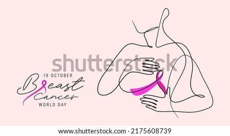 Breast cancer awareness world day poster vector illustration. One line drawing of woman self check breast cancer and awareness ribbon.