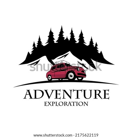 
Road trip adventure drive highway logo vector. Summer driving, Road trip car display. mountain horizon and pine trees. holiday vector illustration.