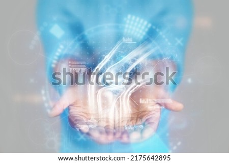 Medical concept, doctor's hands close-up. Ultrasound, x-ray of the knee joint, hologram. Medical care, anatomy, doctor's appointment, transplantation, cartilage replacement. mixed media Royalty-Free Stock Photo #2175642895