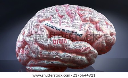 Cognitive neuroscience in human brain, hundreds of terms related to Cognitive neuroscience projected onto a cortex to show broad extent of this condition,3d illustration
