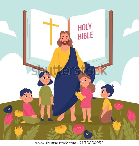 Jesus Christ and kids background with Holy Bible symbols flat vector illustration