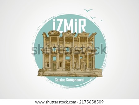 İzmir Celsius Kütüphanesi. Translated: Izmir Celsius Library in the ancient city of Ephesus, Turkey. Vector illustration Royalty-Free Stock Photo #2175658509