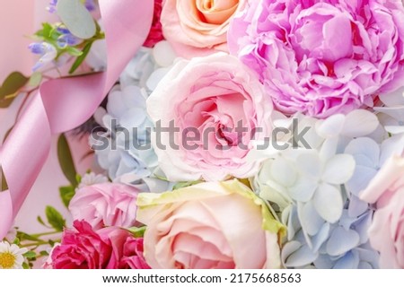 Colorful flower bouquet with roses and peony, festive and wedding background