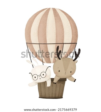 cute animals rabbit and deer are flying in a striped hot air balloon. Cartoon rabbit with glasses and a deer with antlers are flying on transport. Design and printing, children's decor, postcards_01