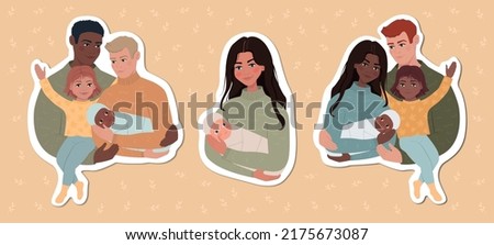 Set of stickers with diverse families. Mixed family, LGBT family, single mother. Royalty-Free Stock Photo #2175673087